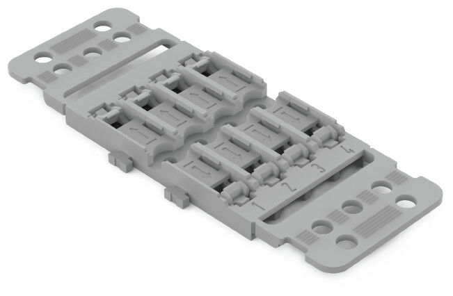 Mounting carrier with strain relief 4-way for inline splicing connector with lever gray