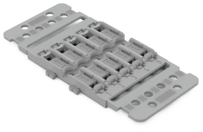 Mounting carrier with strain relief 5-way for inline splicing connector with lever gray