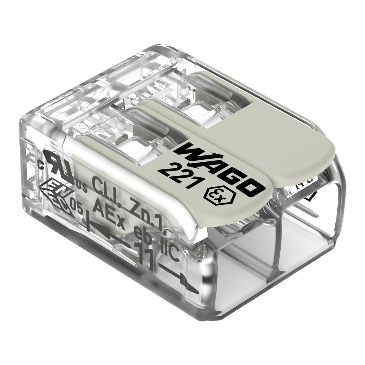 Splicing connector with levers for all conductor types for Ex e applications transparent