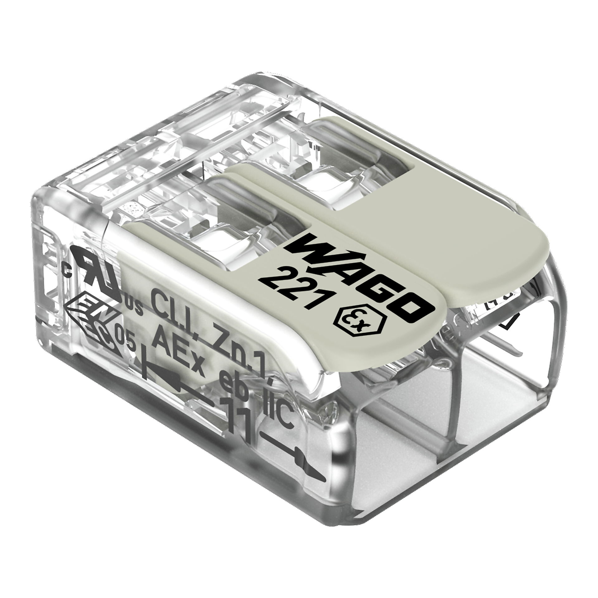 Splicing connector with levers for all conductor types for Ex e applications transparent