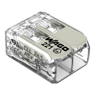 Splicing connector with levers for all conductor types for Ex e applications transparent