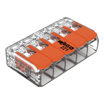 Splicing connector with levers for all conductor types max. 6 mm² transparent