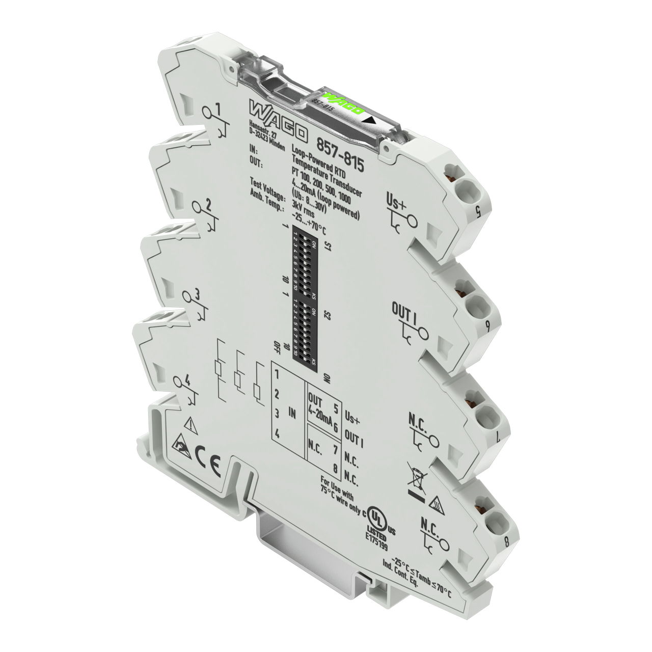 Temperature signal conditioner for RTD sensors Current output signal Power via output