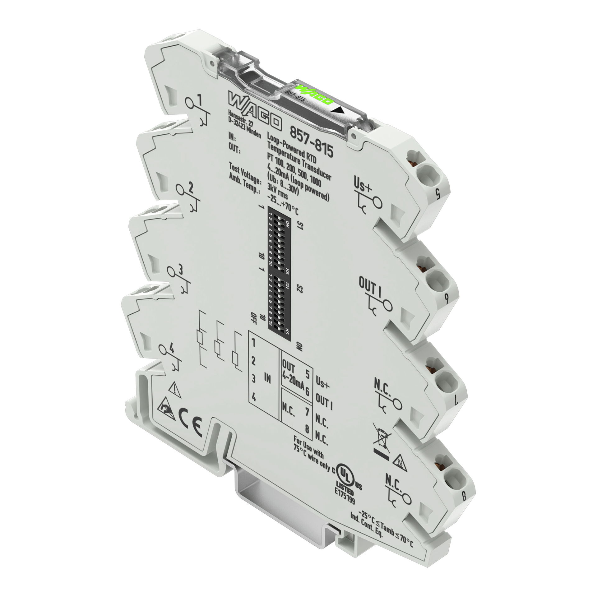 Temperature signal conditioner for RTD sensors Current output signal Power via output