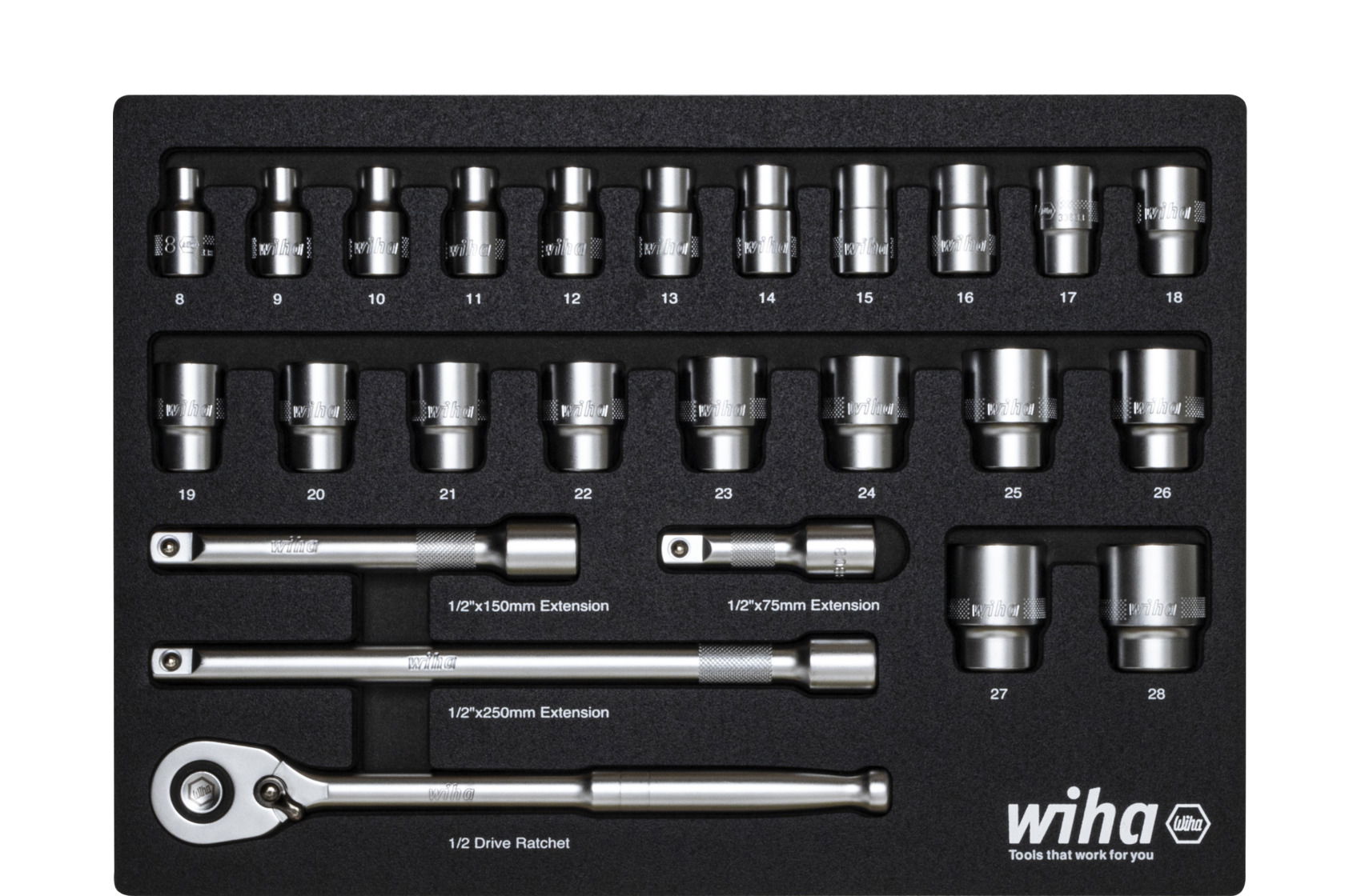 Wiha Ratchet wrench set, 1/2" 25 pcs. in foam insert (44740)
