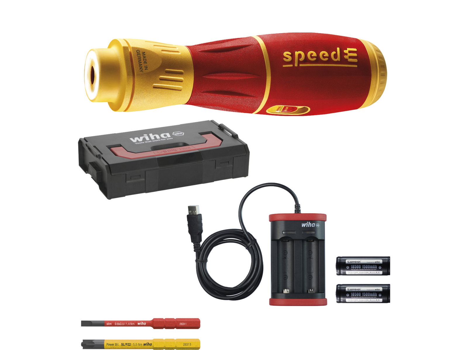 Wiha E-screwdriver, speedE® II electric 7 pcs with slimBits, batteries and USB charger in L Boxx Mini (44318)