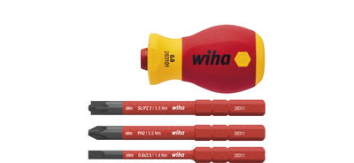 Wiha Screwdriver with bit holder set slimVario® electric Stubby 4 pieces with slimBits (41230)