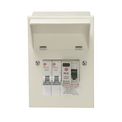 2 Way Consumer Unit RCD Incomer 63A 30mA with 1x B6 and 1x B16 MCB