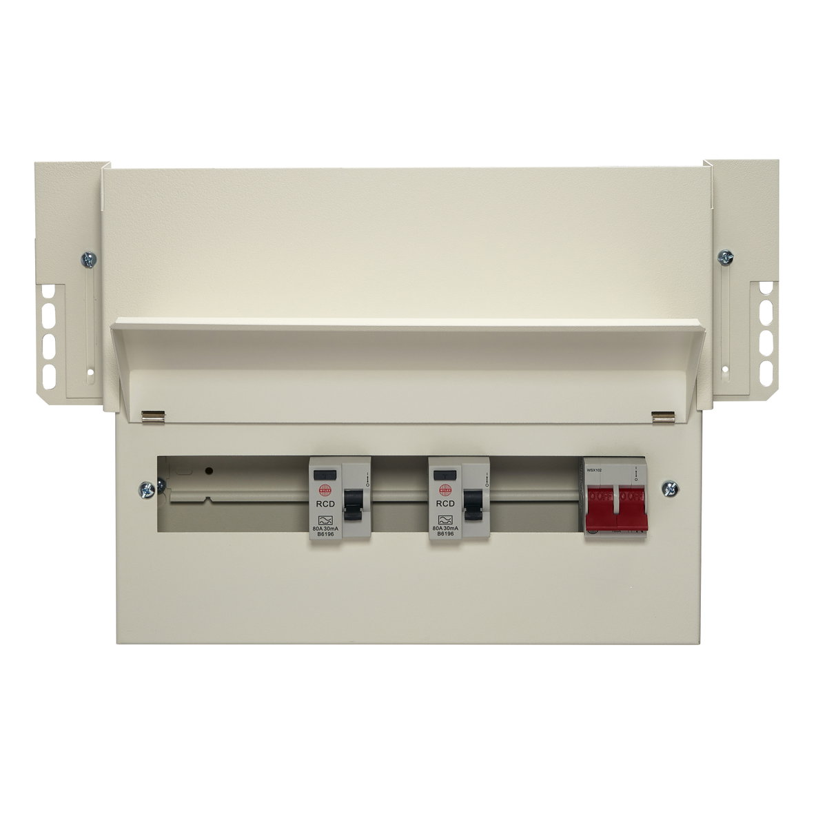 10 Way Dual RCD Meter Cabinet Consumer Unit 100A Main Switch, 80A 30mA RCDs, Flexible Configuration