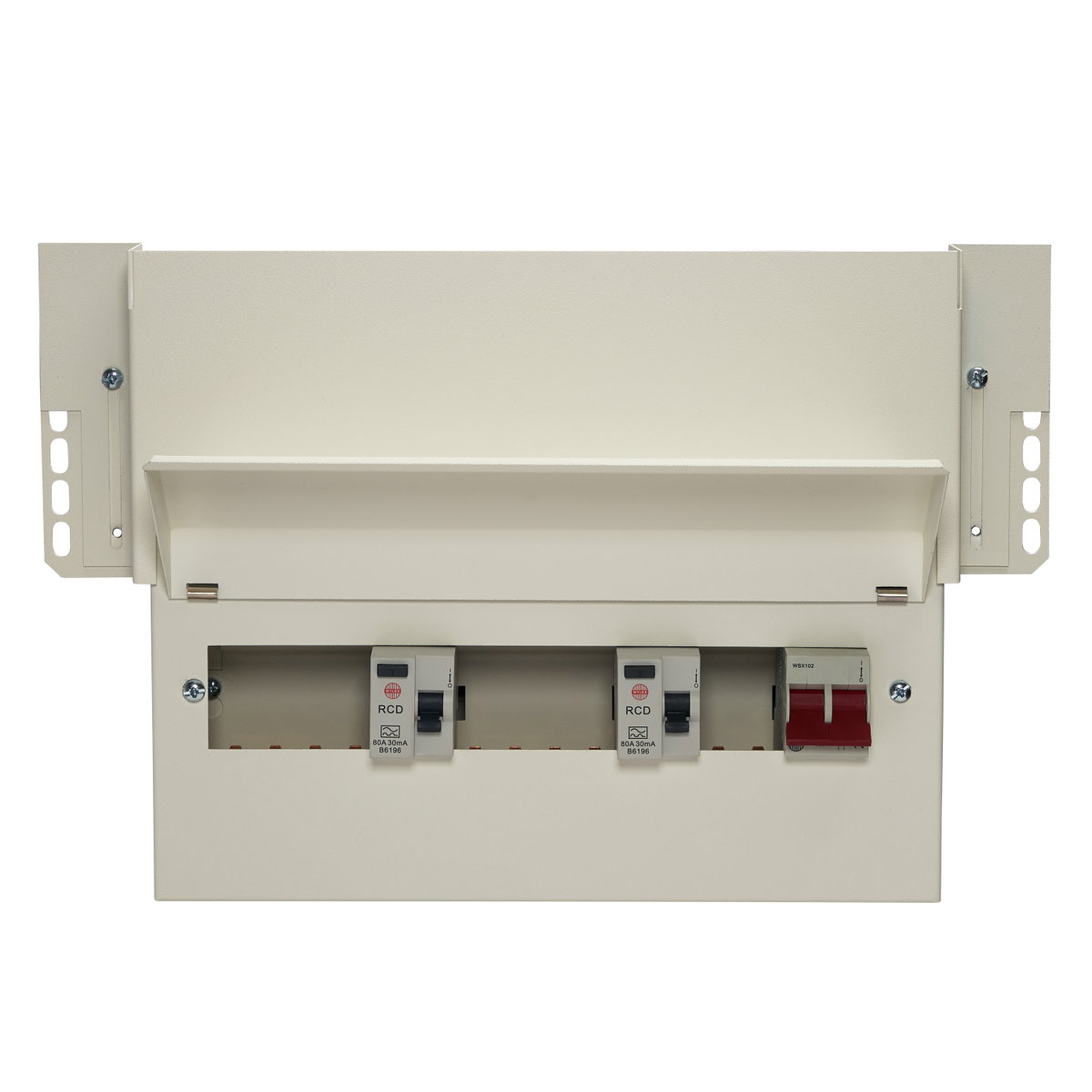 10 Way High Integrity Meter Cabinet Consumer Unit 100A Main Switch +2, 80A 30mA RCD +4, 80A 30mA RCD +4