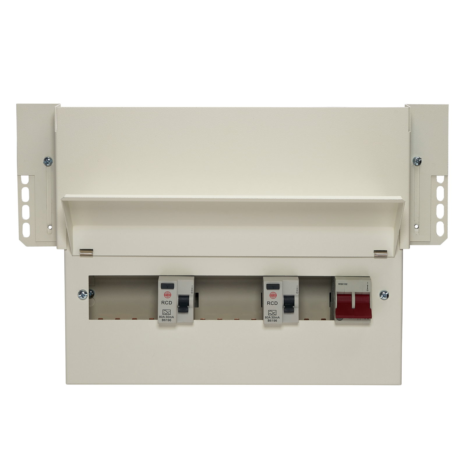 10 Way High Integrity Meter Cabinet Consumer Unit 100A Main Switch +2, 80A 30mA RCD +4, 80A 30mA RCD +4