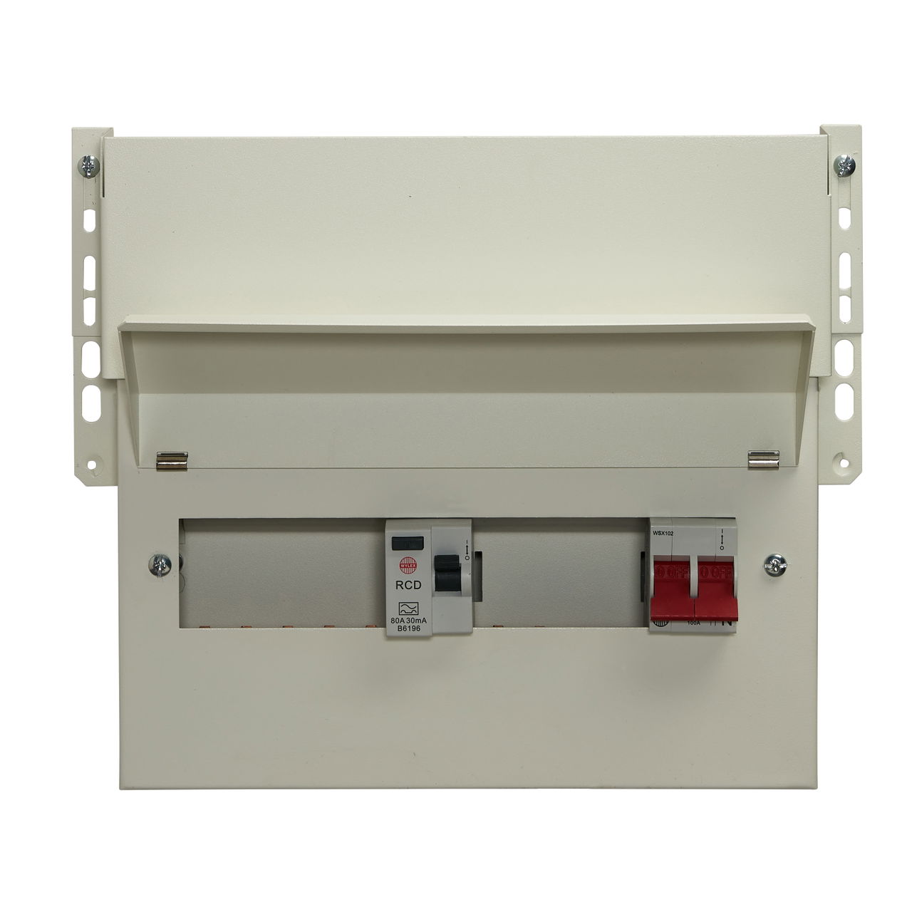 9 Way Split Load Meter Cabinet Consumer Unit 100A Main Switch +4, 80A 30mA RCD +5
