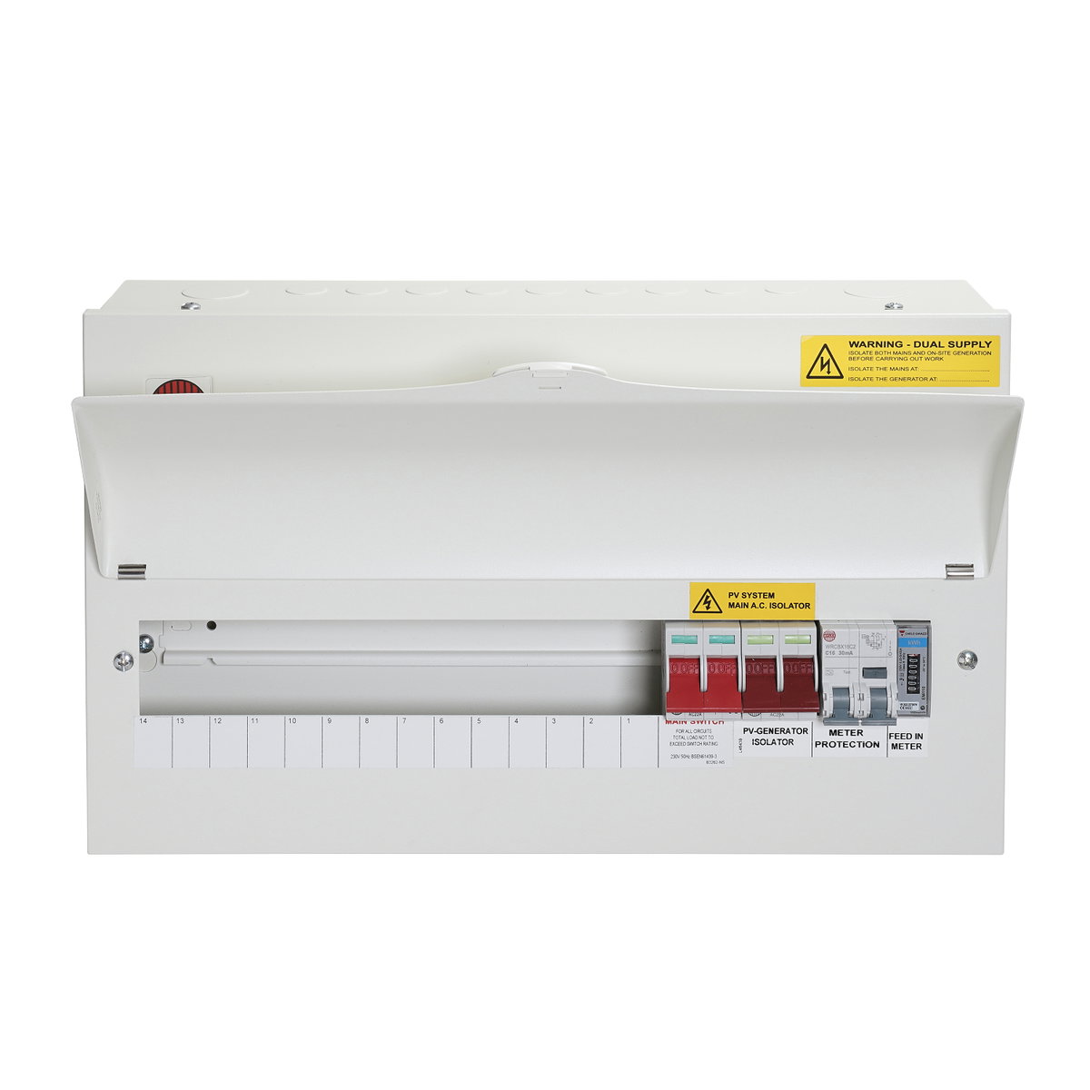 14W Consumer Unit with 100A Dual Supply Isolators, 16A DP Bi-Directional RCBO and PV MID Meter