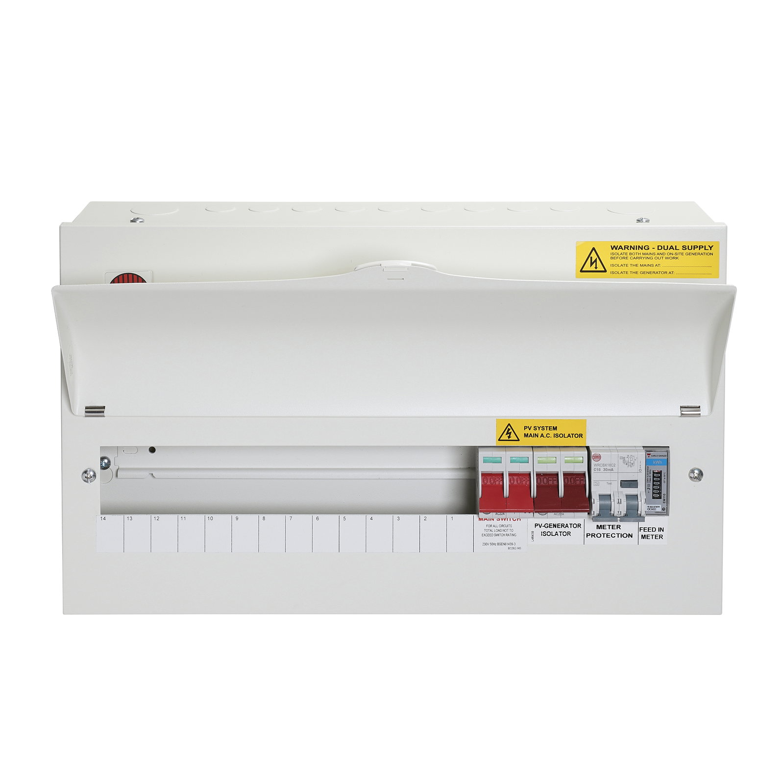 14W Consumer Unit with 100A Dual Supply Isolators, 16A DP Bi-Directional RCBO and PV MID Meter