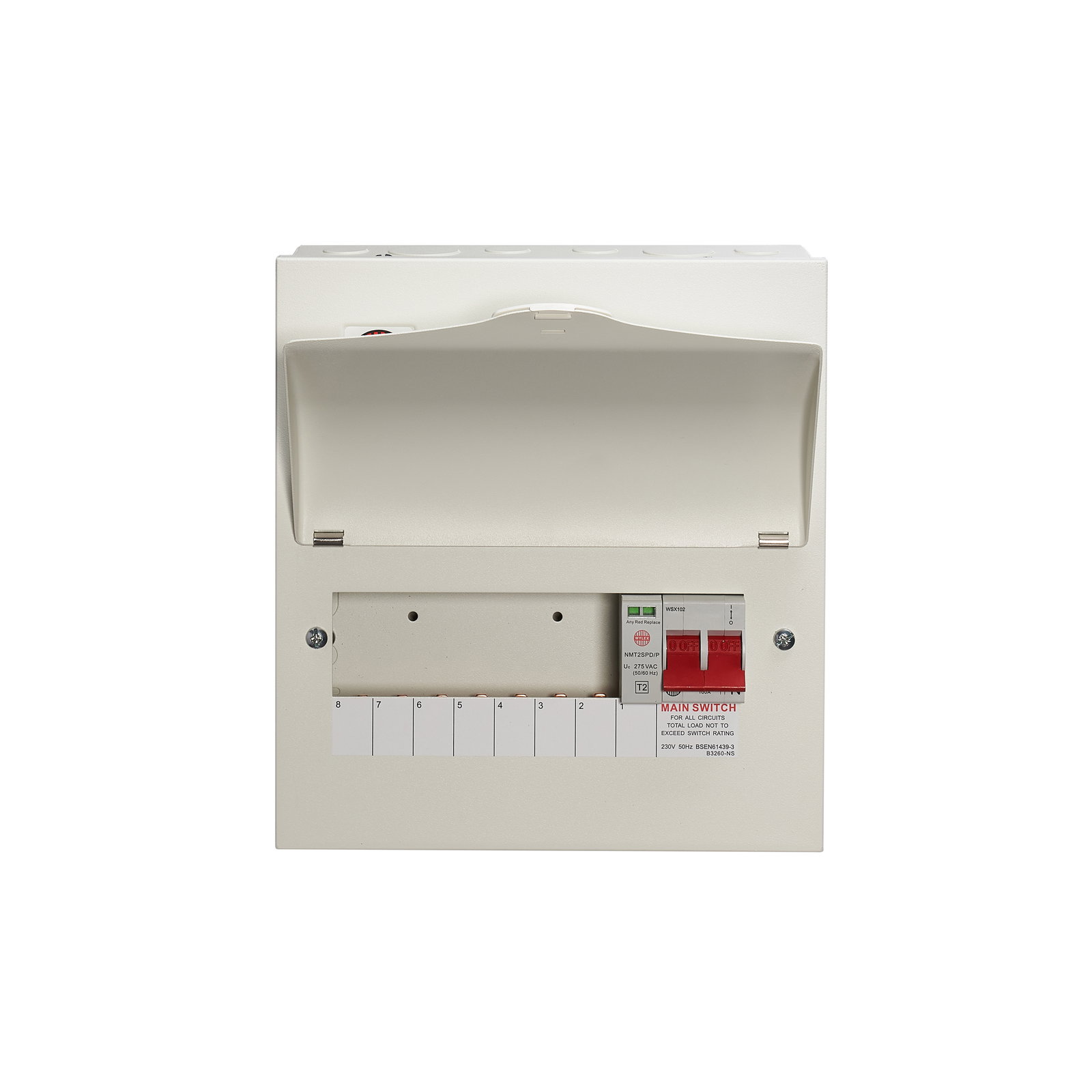 7 Way Consumer Unit Main Switch 100A, Fixed Configuration, with SPD