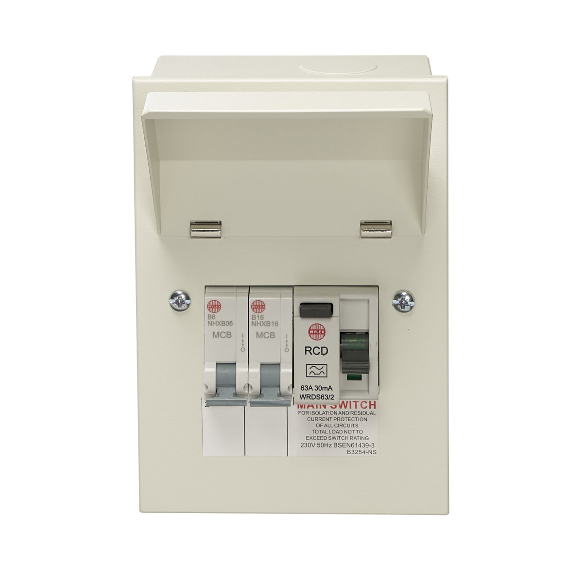 2 Way Consumer Unit RCD Incomer 63A 30mA with 1x B6 and 1x B16 MCB