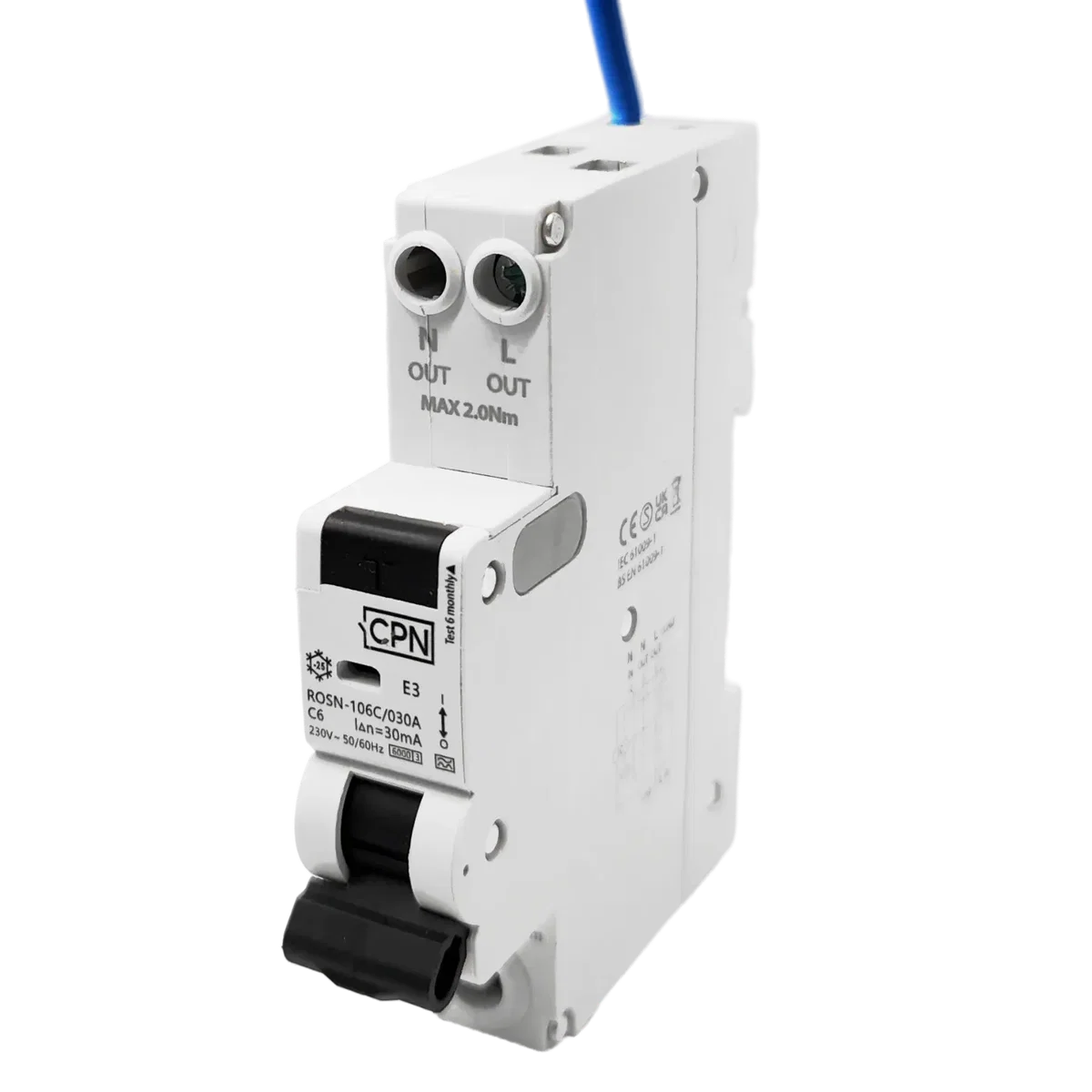 2 Pole, 1 module, 6A, B Curve, 30mA, Type A, Switched Neutral RCBO