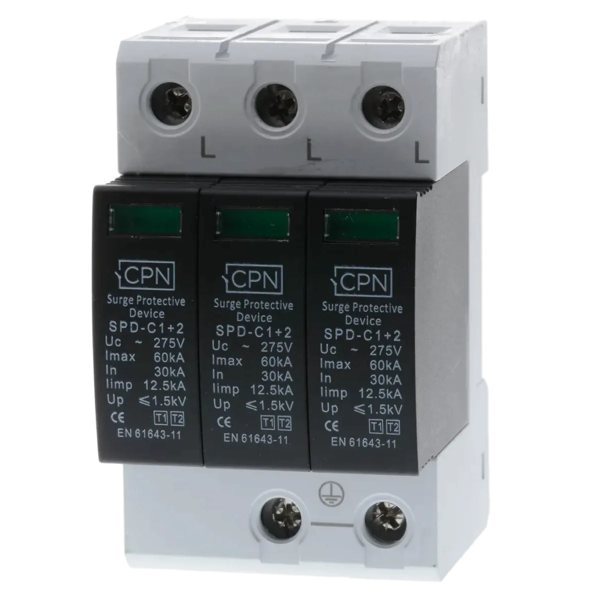 3 Module, 3 Pole Type 1 + 2 for three phase, TN-C-S earthing.