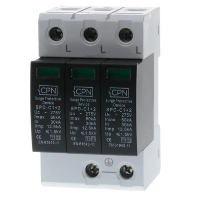 3 Module, 3 Pole Type 1 + 2 for three phase, TN-C-S earthing.