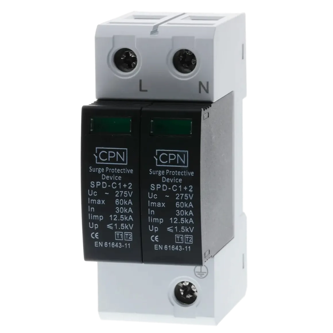 2 Module, 2 Pole Type 1 + 2 for single phase, TN-S earthing.
