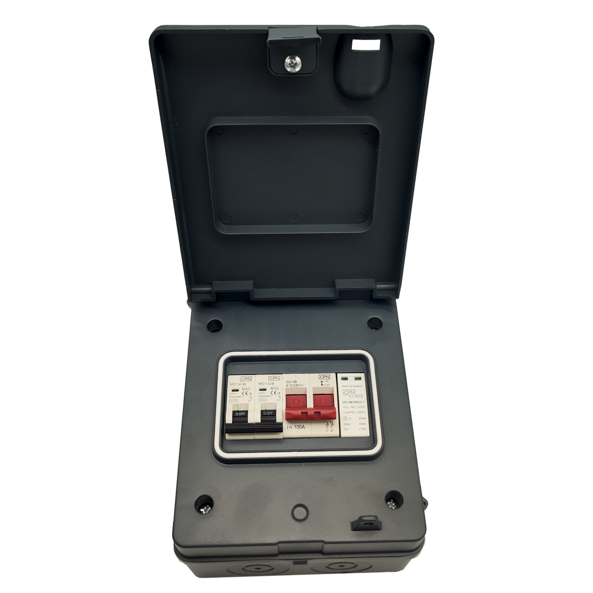 5 Way Metal IP65 EV Unit with 2 Pole Isolator, 40A MCB, 32A MCB & Type 2 SPD