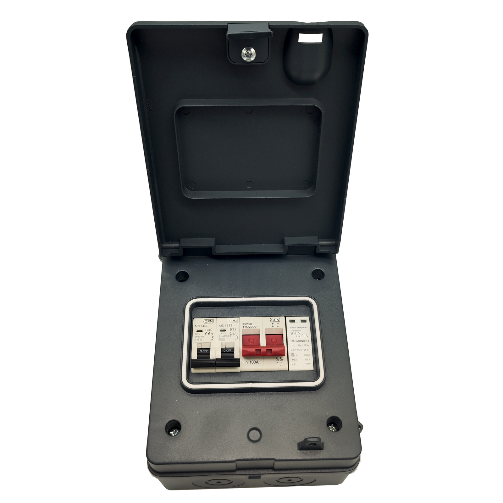 5 Way Metal IP65 EV Unit with 2 Pole Isolator, 40A MCB, 32A MCB & Type 2 SPD