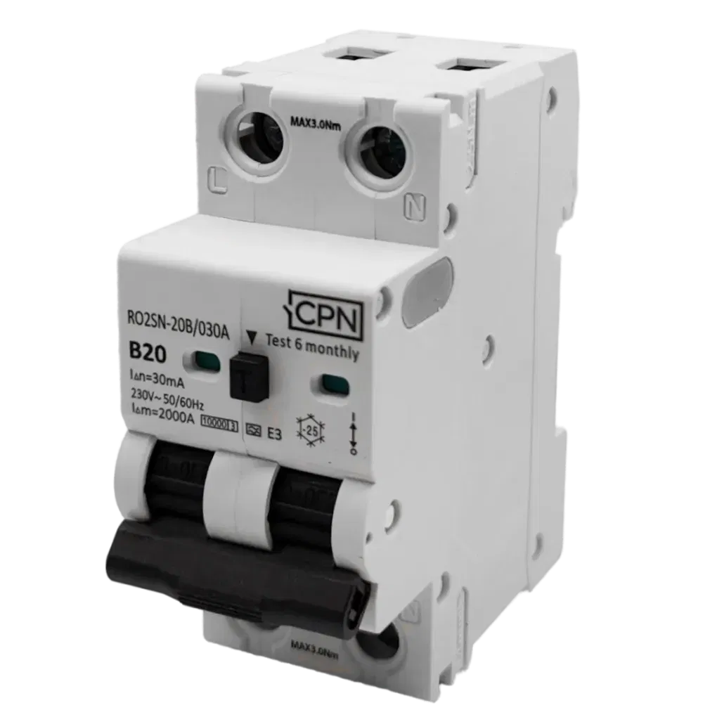 2 Pole, 20A B Curve, Type A, 30mA Electronic RCBO