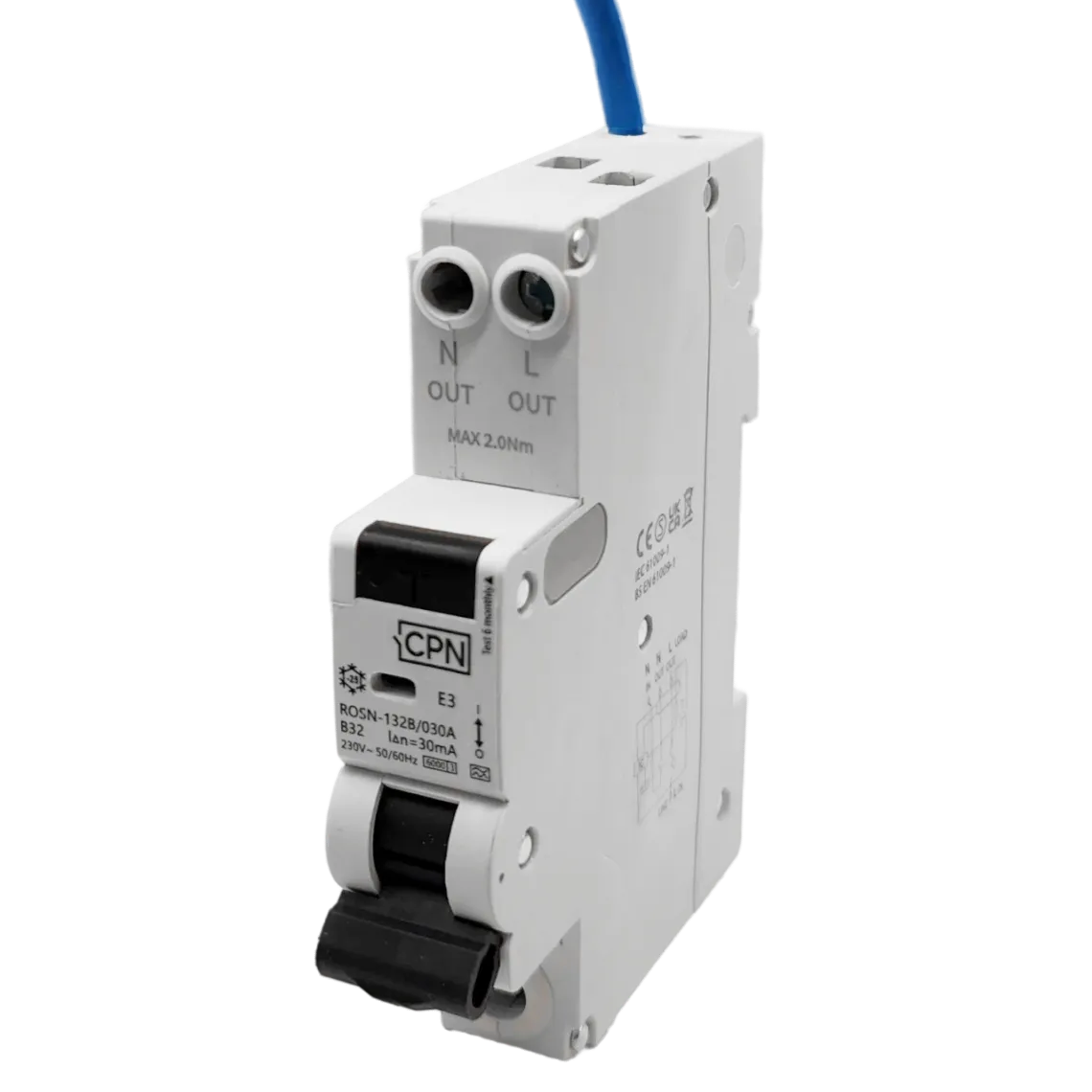 2 Pole, 1 module, 32A, B Curve, 30mA, Type A, Switched Neutral RCBO