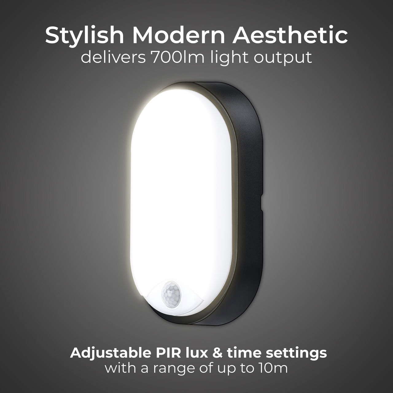 Exterior residential bulkhead oval 700lumens with white or black bezel + PIR