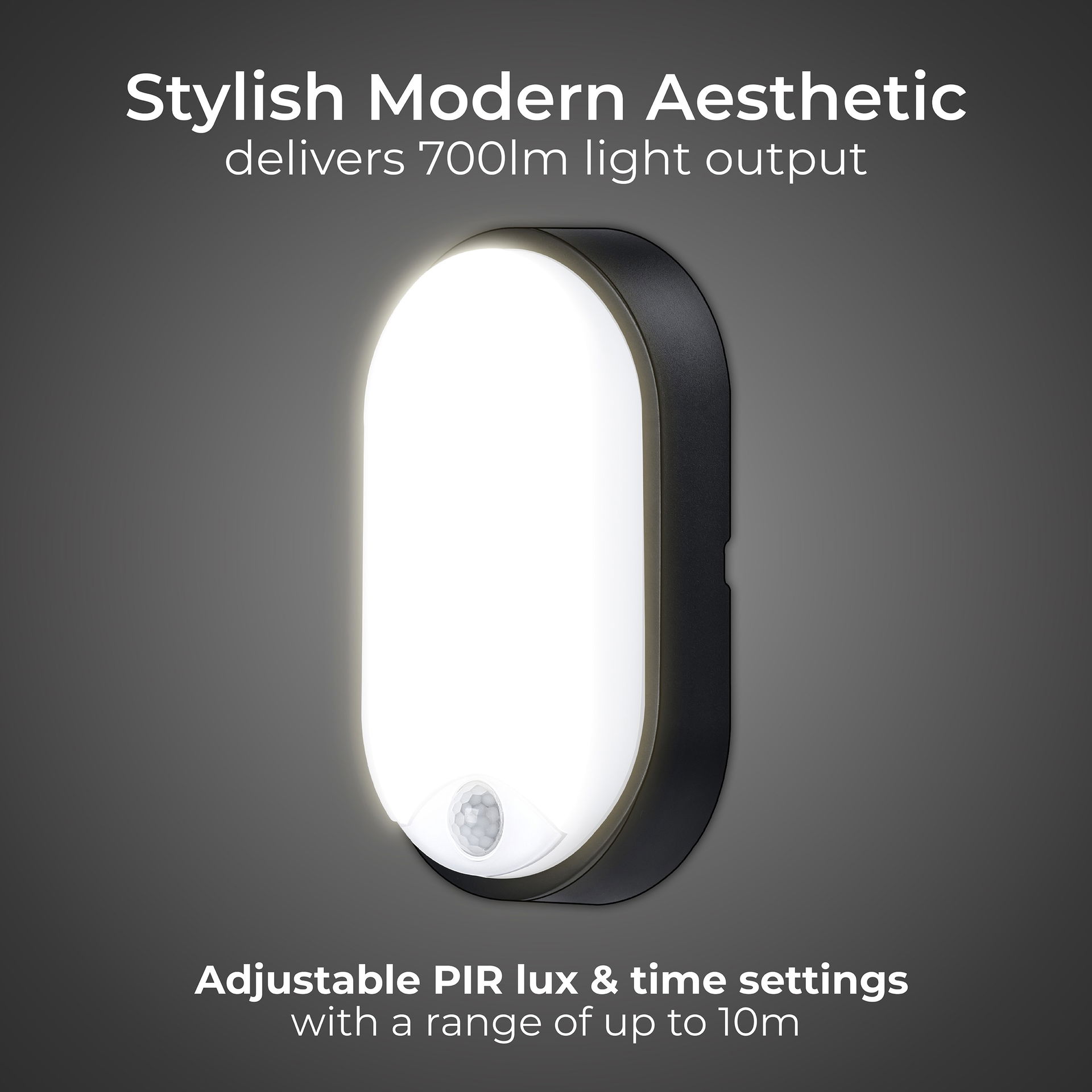 Exterior residential bulkhead oval 700lumens with white or black bezel + PIR