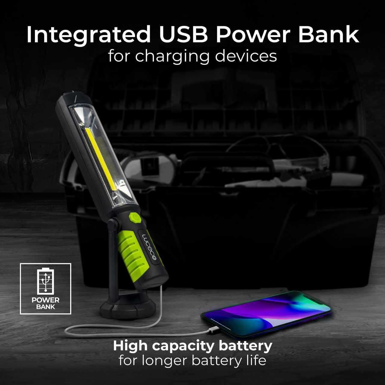 Luceco tilting inspection torch with powerbank 5v 5w 450lm 6500k - USB charged
