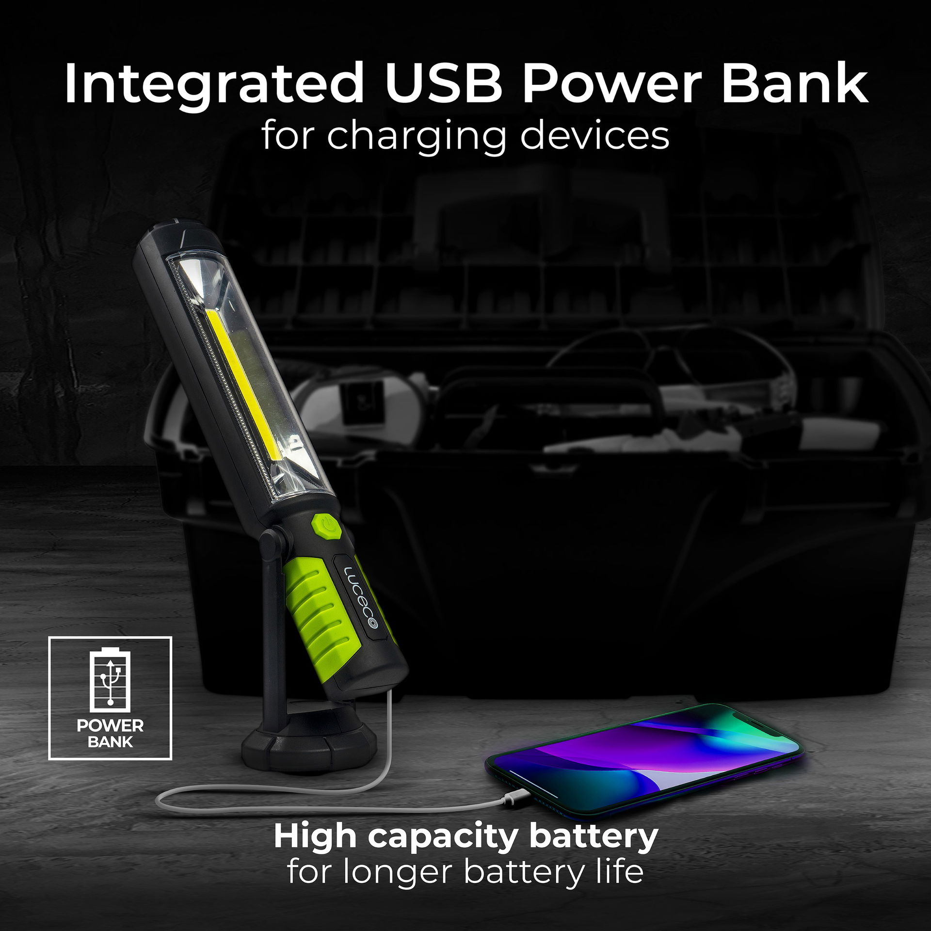 Luceco tilting inspection torch with powerbank 5v 5w 450lm 6500k - USB charged