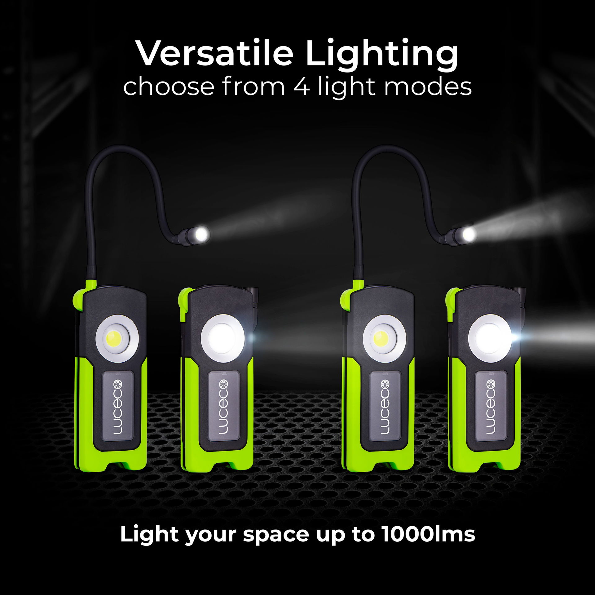 Luceco Inspection Pipe LED Torch with Flexible Hose, USB-C Rechargeable, Full Rotation, 4 Lighting Modes, Worklights, IP54, 10W, 1000lm, 6500K