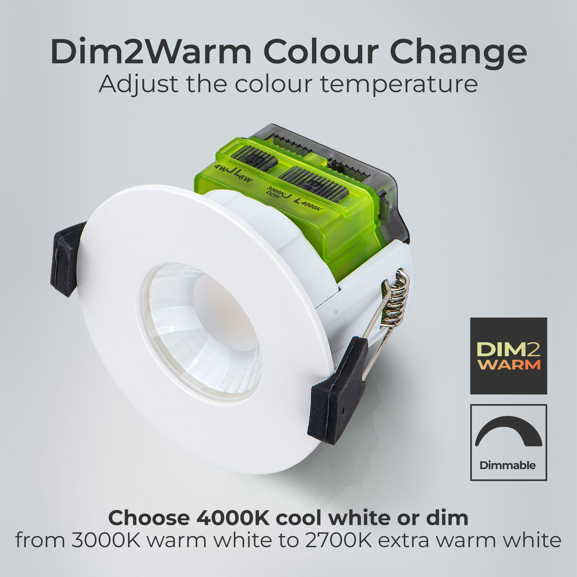 FType MK2 Fire Rated Downlight 4W/6W 750lm Power Change & CCT Change 3000K / 4000K Dim2Warm Dimmable IP65 White bezel - Flat