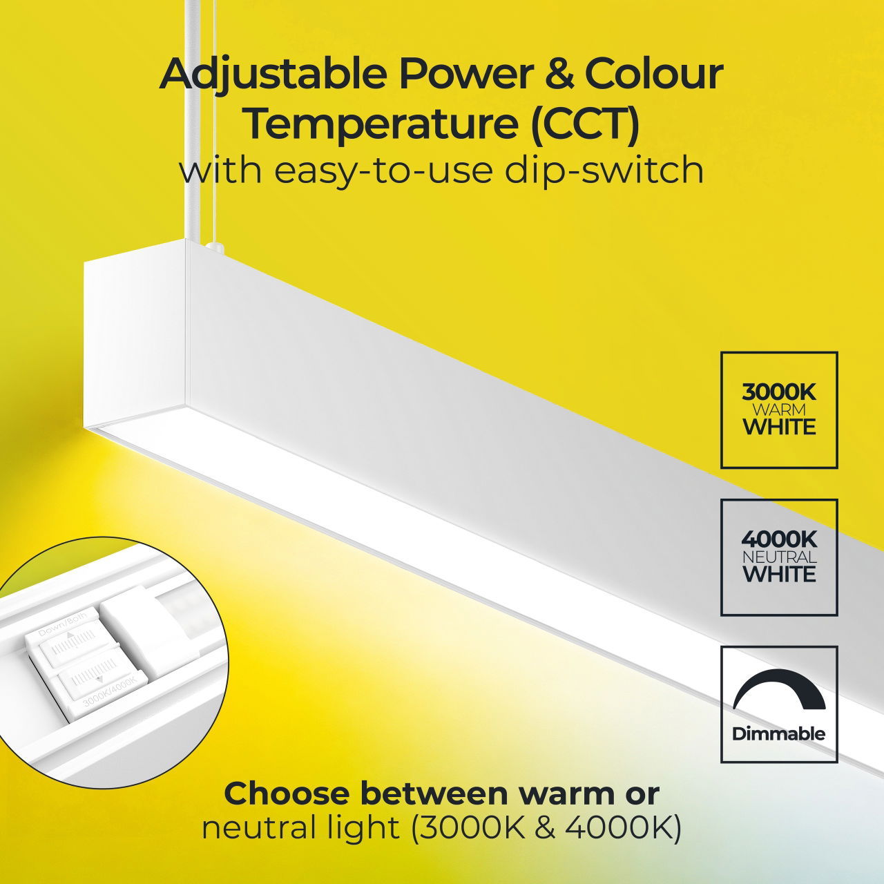 Linea Suspended Linear 1500mm Power Change 4500Lm 32W (Selectable 2400Lm 17W/3000Lm 21.5W/3600Lm 25.5W) 4000K (Selectable 3000K) DALI Dimmable