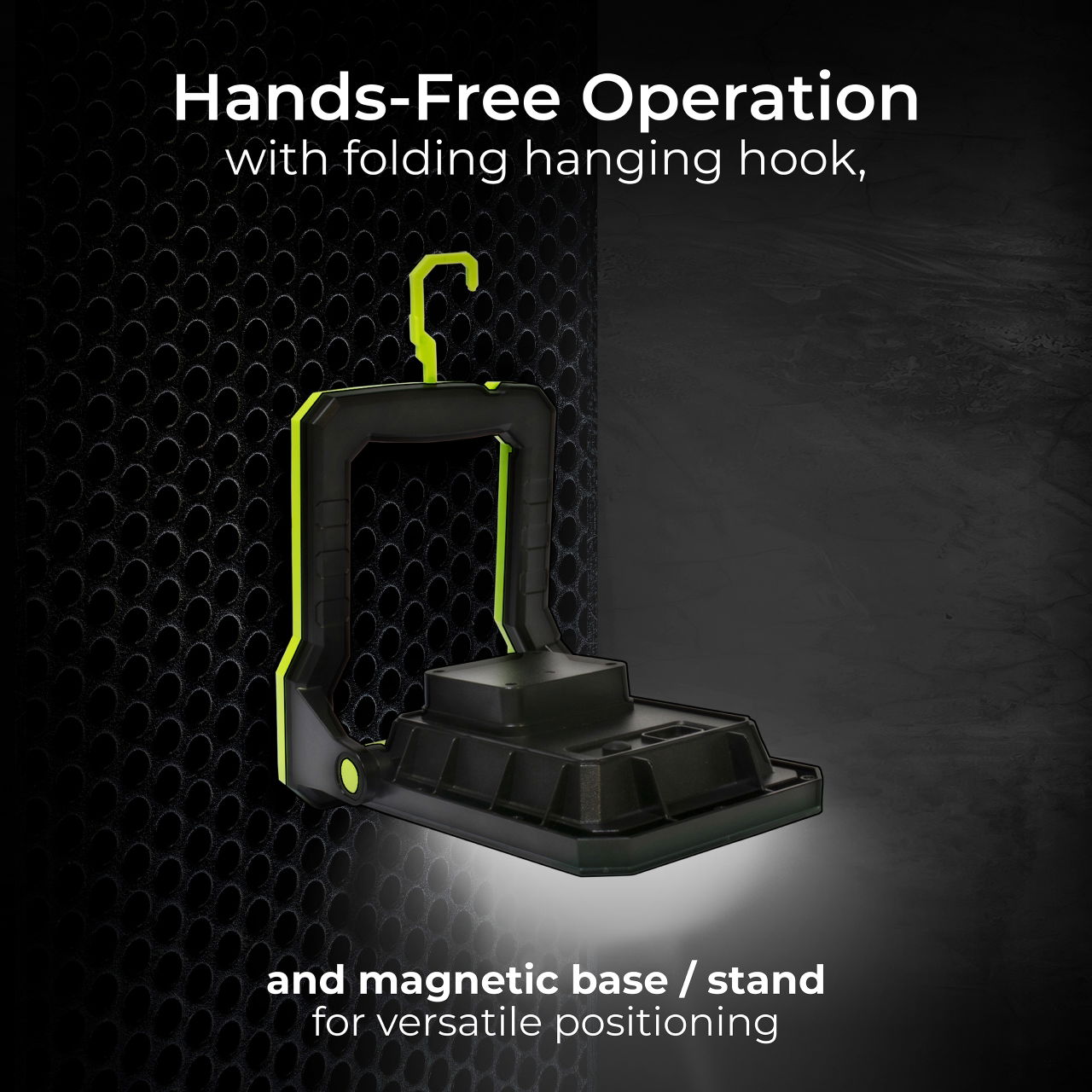 USB-C rechargeable magnetic worklight with Power-bank for charging devices. Fully adjustable with and 3 lighting modes up to 1300 Lumens making ideal for professional and recreational applications.