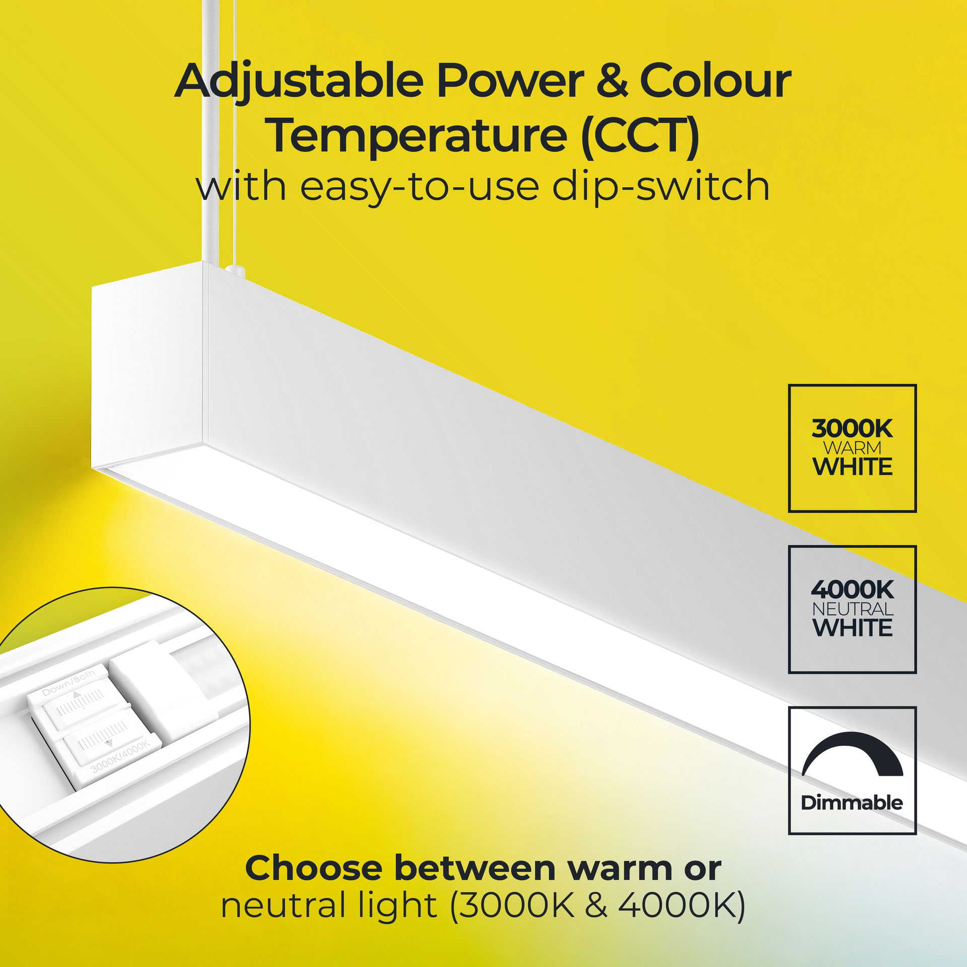 Linea Suspended Linear 1200mm Power Change 3600Lm 25.5W (Selectable 1900Lm 13.5W/2400Lm 17W/3100Lm 22W) 4000K (Selectable 3000K) DALI Dimmable