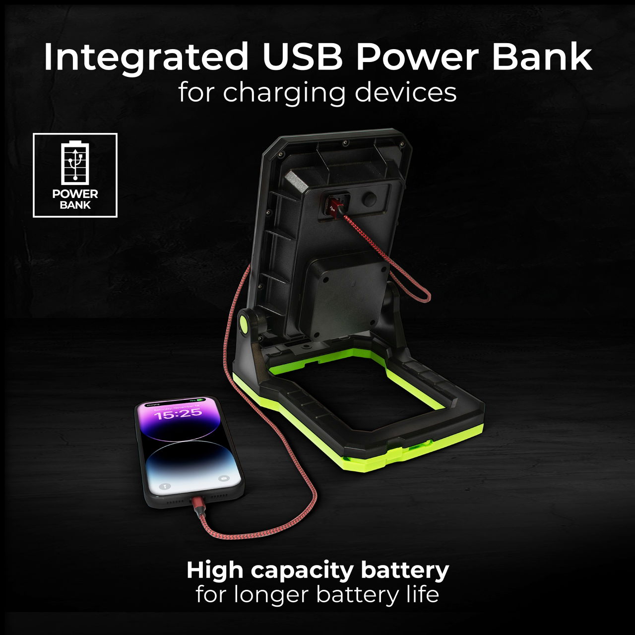 USB-C rechargeable magnetic worklight with Power-bank for charging devices. Fully adjustable with and 3 lighting modes up to 1300 Lumens making ideal for professional and recreational applications.