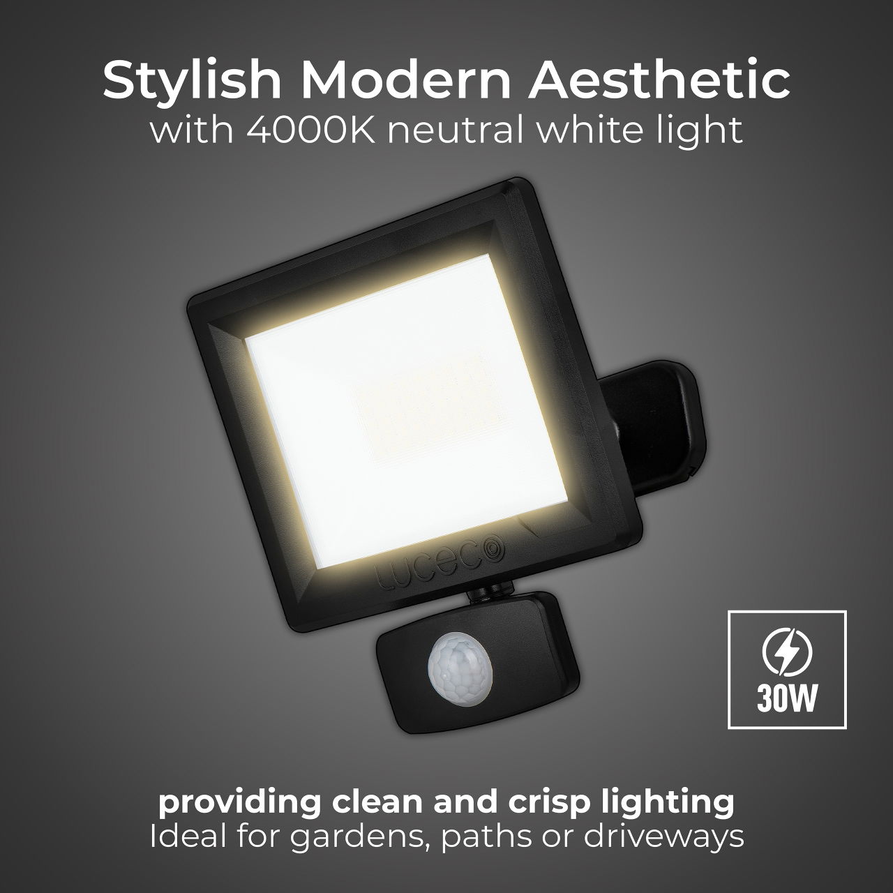 Essence floodlight with ball joint 30W black 4000k colour temp with PIR