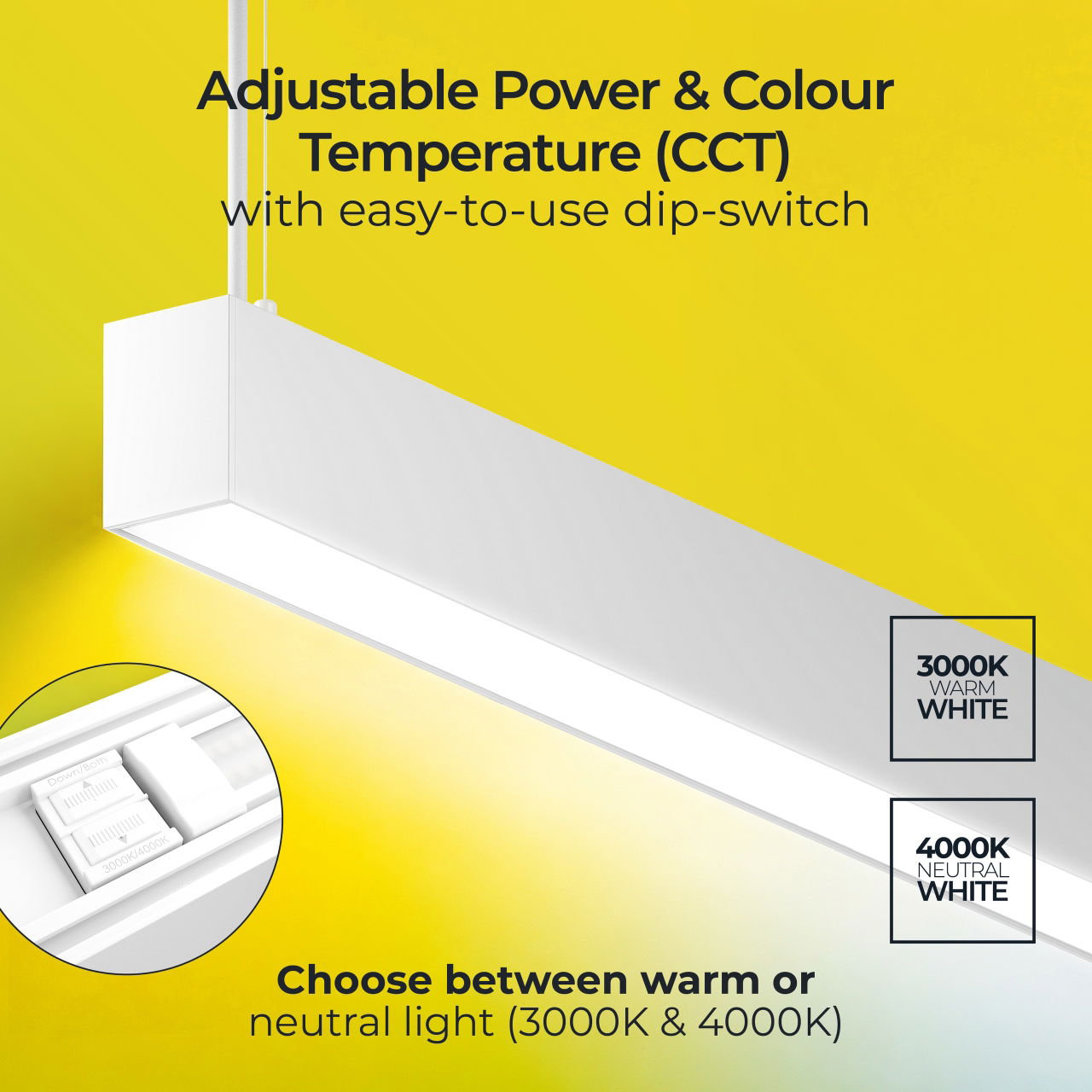 Linea Suspended Linear 1500mm Power Change 4500Lm 32W (Selectable 2400Lm 17W/3000Lm 21.5W/3600Lm 25.5W) 4000K (Selectable 3000K) DALI Dimmable Emergency (Self Test Switchable)