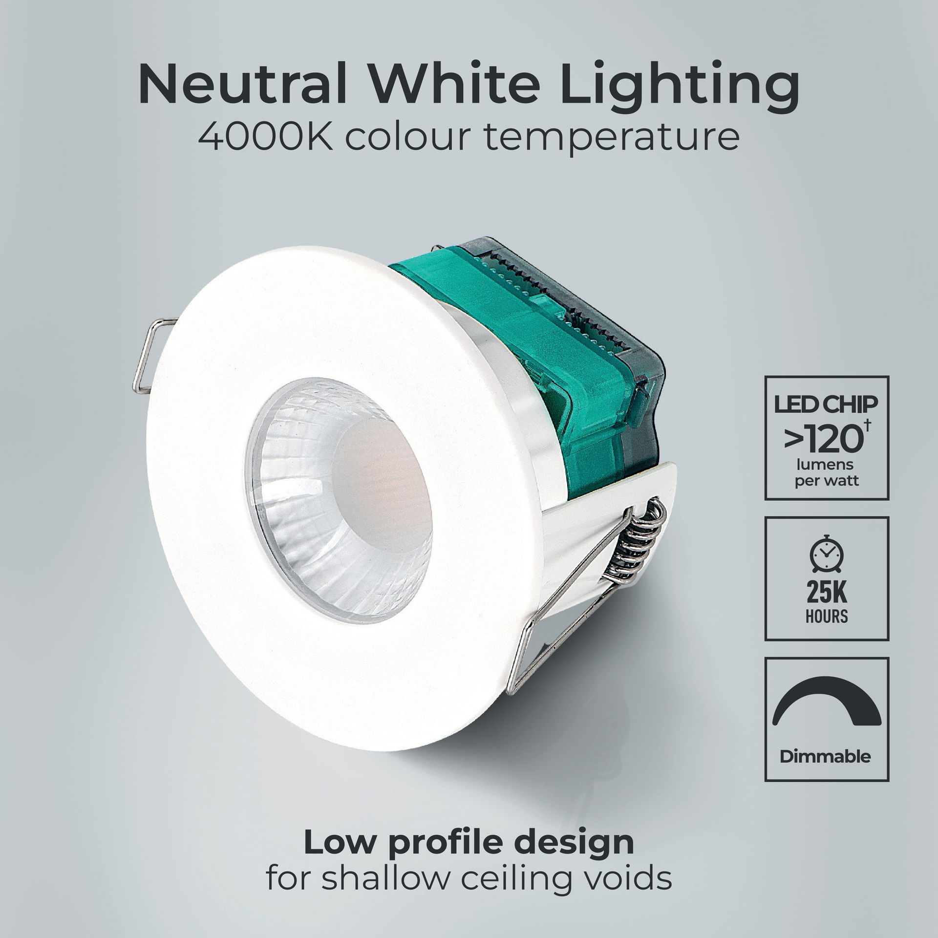 FType Essence Fire Rated Downlight 5W 550lm 4000K Dimmable IP65 White bezel - Flat