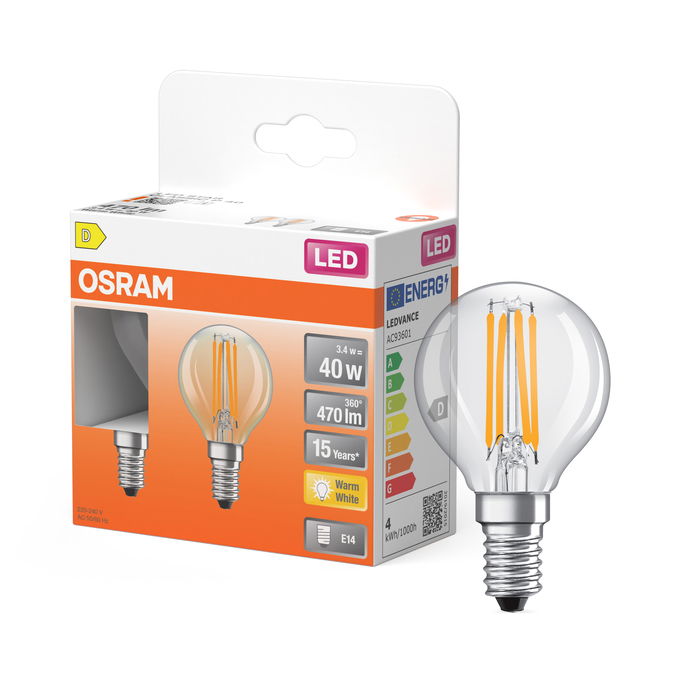 LED Star Classic P 40 Filament 3.4W 827 Clear E14