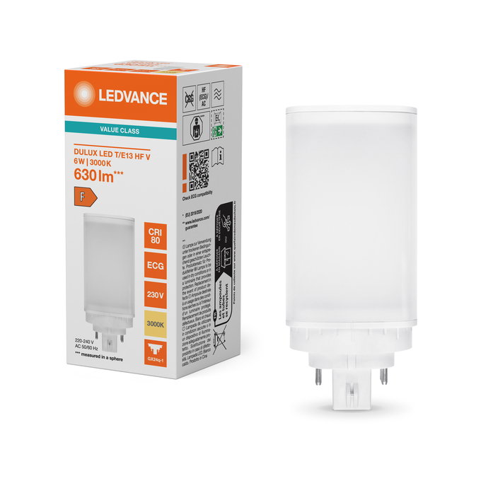 DULUX LED T/E13 HF & AC MAINS VALUE 6W 830 GX24Q-1